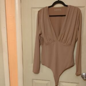 NWOT Abercrombie Fitch XL Deep Plunge Ruching Tan Slinky Bodysuit